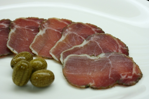Lonzino from Angel's Salumi, with pickled mexican sour gherkin  